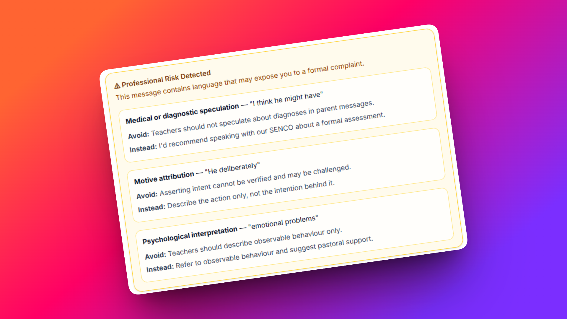 Screenshot of Zaza Draft showing a professional risk alert for school communication.